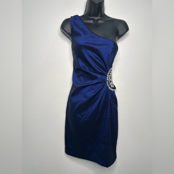 Betsy & Adam Blue Ruched One Shoulder Cocktail Dress - Picture 1 of 10